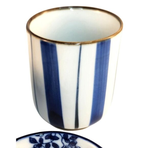Set Of 3 Ceramic Blue & White Bowls & Cup With Floral & Stripe Designs - Picture 11 of 14